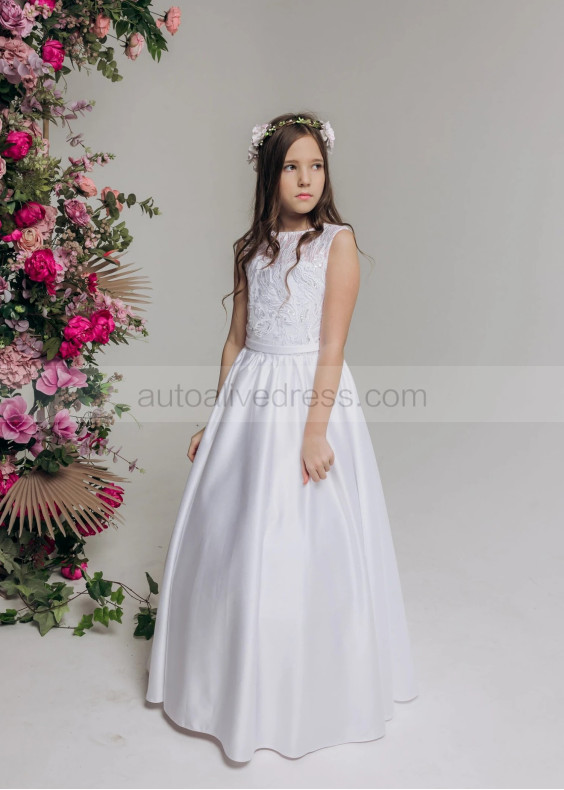 White Lace Satin Keyhole Back Flower Girl Dress